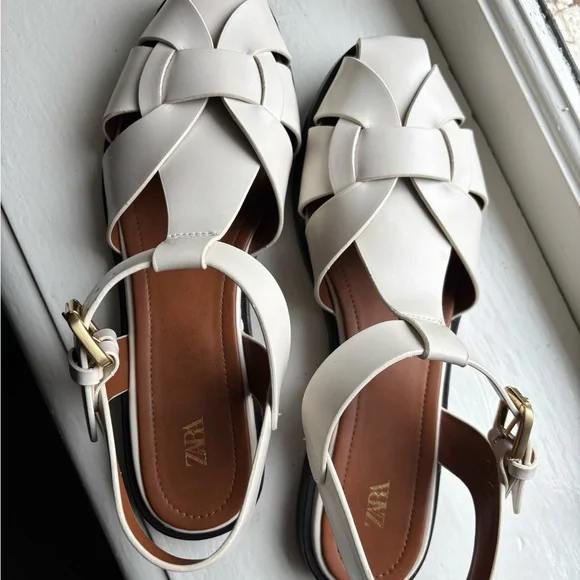 Zara Women's Cream Leather Fisherman Sandals - Picture 2 of 6